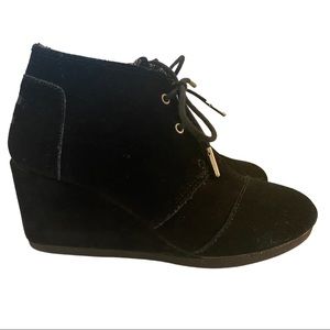 Black suede TOMS Desert Wedge Booties